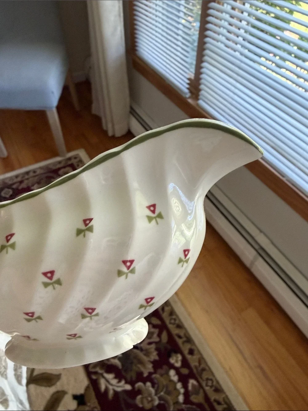 Laura Ashley thistle Gravy Boat with Green Rim Small Pink Floral Motif England